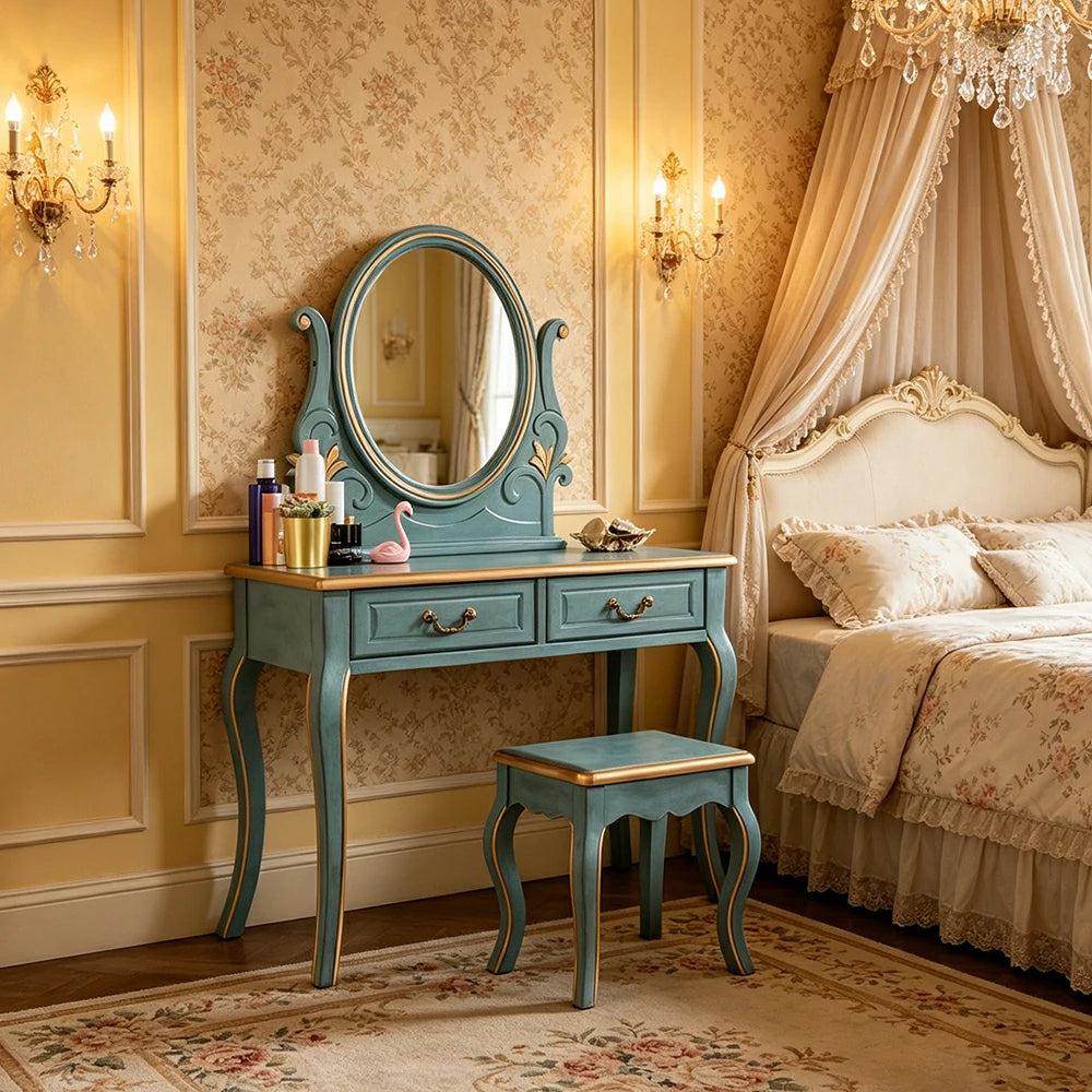 LUXORA Solid Wood Vanity Table Set with Adjustable Mirror and Stool French Style Makeup Desk 100cm - Blue