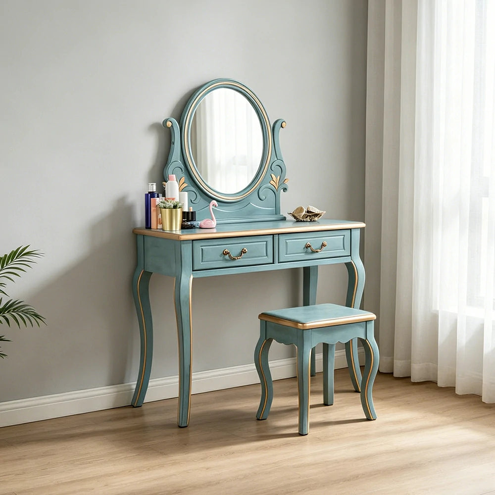 LUXORA Solid Wood Vanity Table Set with Adjustable Mirror and Stool French Style Makeup Desk 100cm - Blue