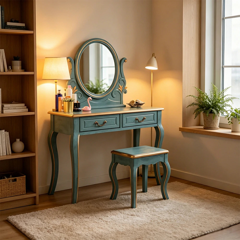 LUXORA Solid Wood Vanity Table Set with Adjustable Mirror and Stool French Style Makeup Desk 100cm - Blue