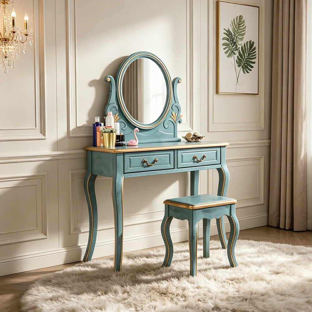 LUXORA Solid Wood Vanity Table Set with Adjustable Mirror and Stool French Style Makeup Desk 100cm - Blue