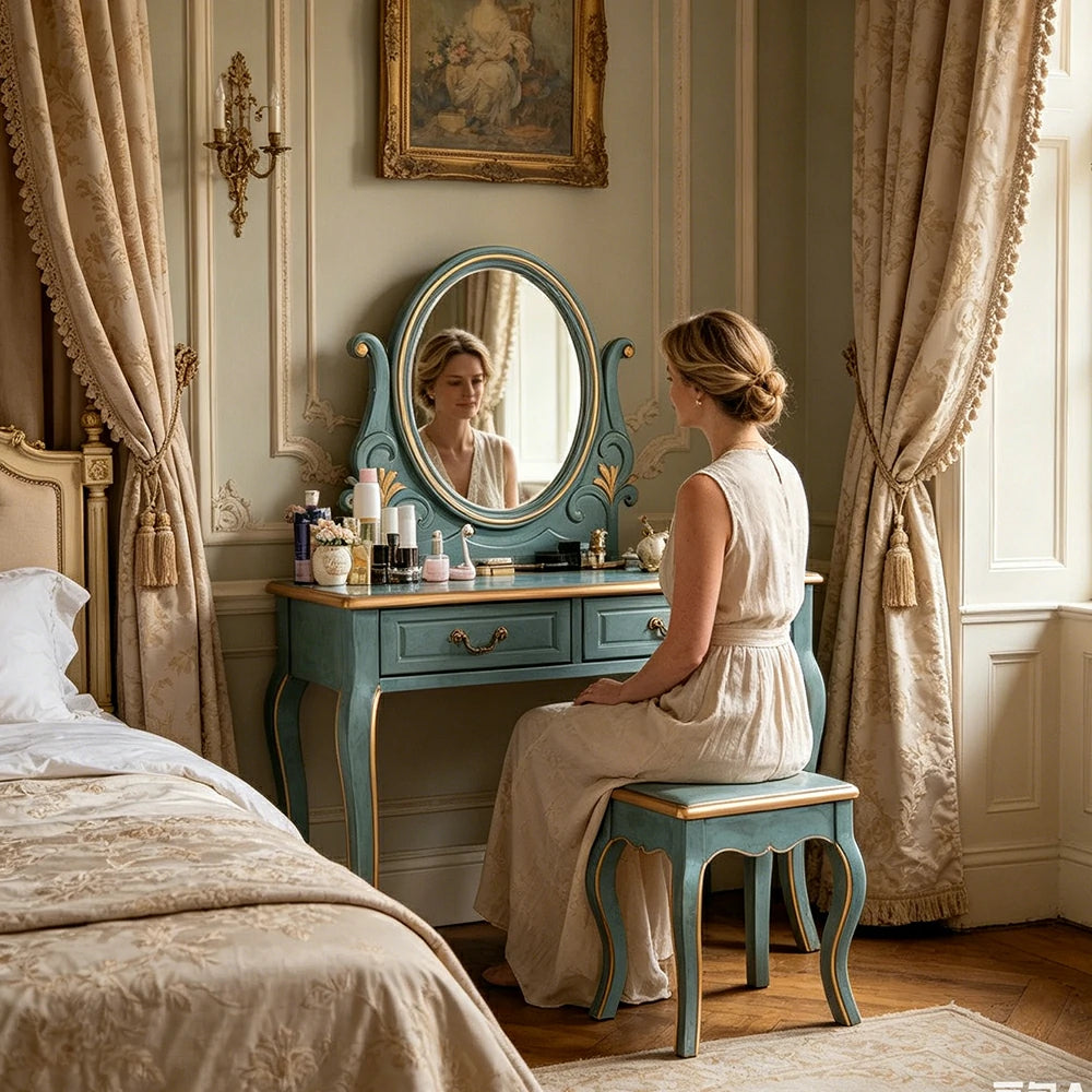 LUXORA Solid Wood Vanity Table Set with Adjustable Mirror and Stool French Style Makeup Desk 100cm - Blue