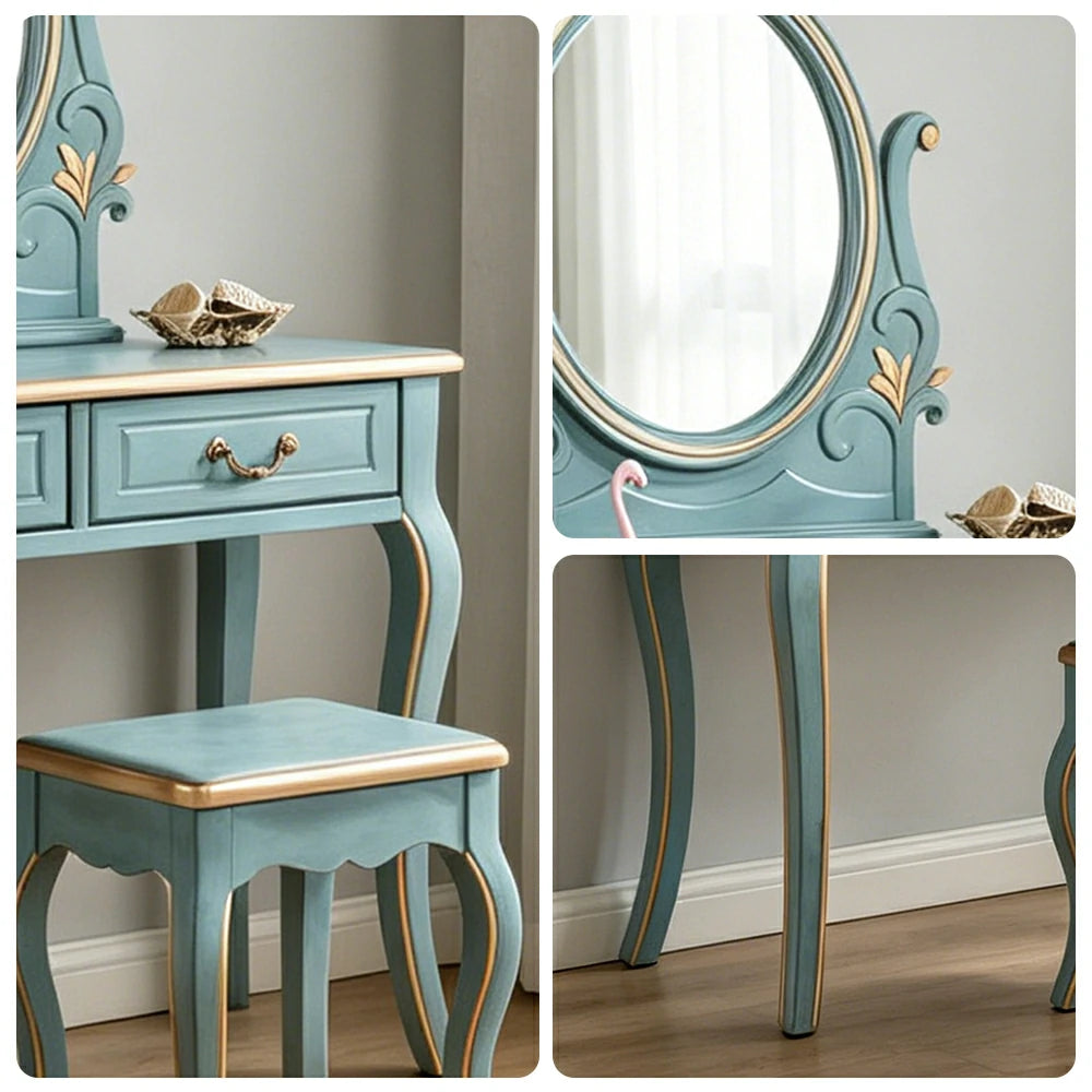 LUXORA Solid Wood Vanity Table Set with Adjustable Mirror and Stool French Style Makeup Desk 100cm - Blue