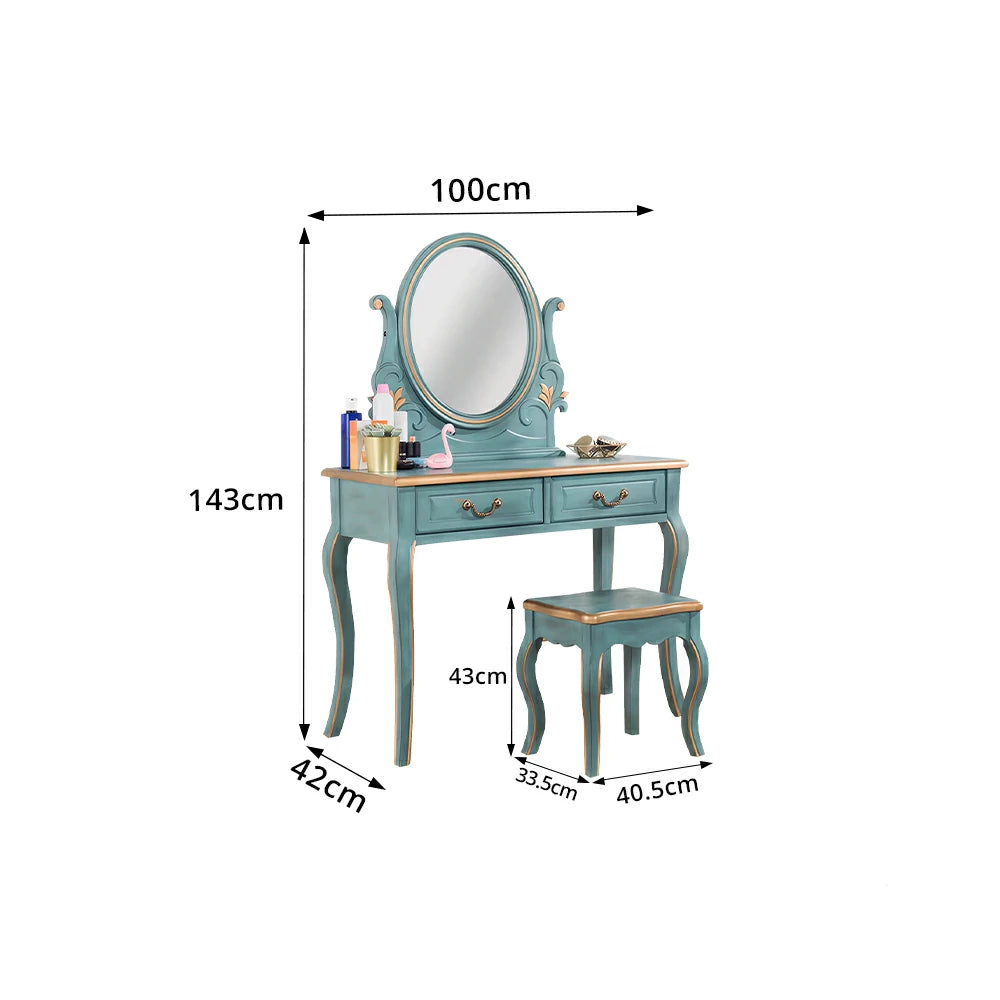 LUXORA Solid Wood Vanity Table Set with Adjustable Mirror and Stool French Style Makeup Desk 100cm - Blue