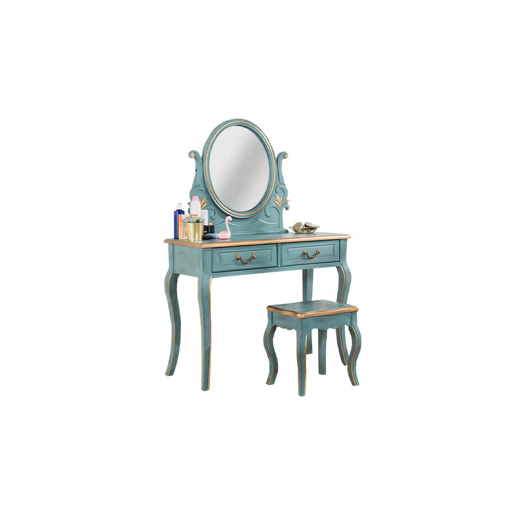 LUXORA Solid Wood Vanity Table Set with Adjustable Mirror and Stool French Style Makeup Desk 100cm - Blue
