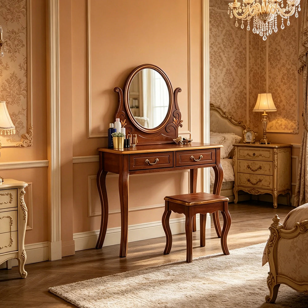 LUXORA Solid Wood Vanity Table Set with Adjustable Mirror and Stool French Style Makeup Desk 100cm - Brown