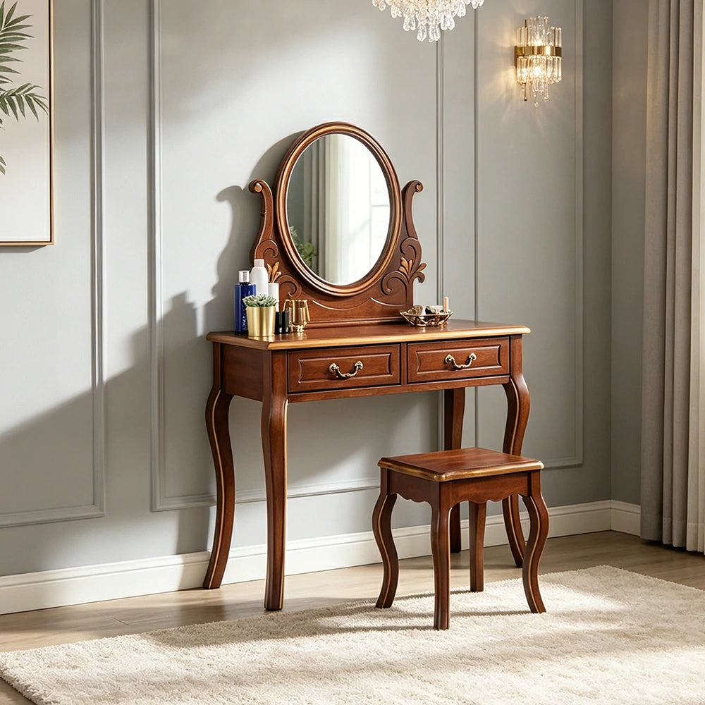 LUXORA Solid Wood Vanity Table Set with Adjustable Mirror and Stool French Style Makeup Desk 100cm - Brown
