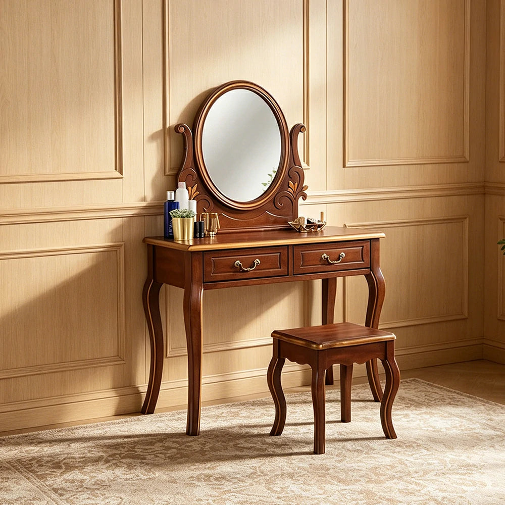 LUXORA Solid Wood Vanity Table Set with Adjustable Mirror and Stool French Style Makeup Desk 100cm - Brown