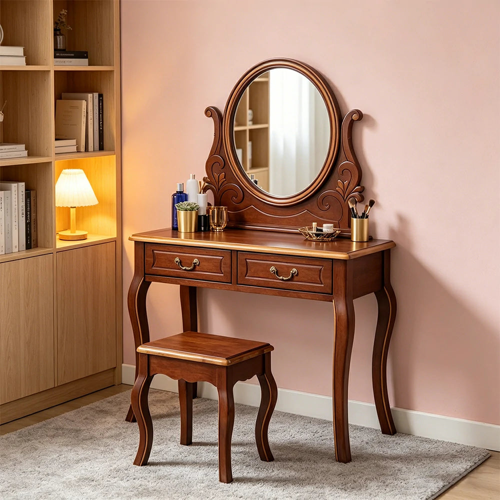 LUXORA Solid Wood Vanity Table Set with Adjustable Mirror and Stool French Style Makeup Desk 100cm - Brown