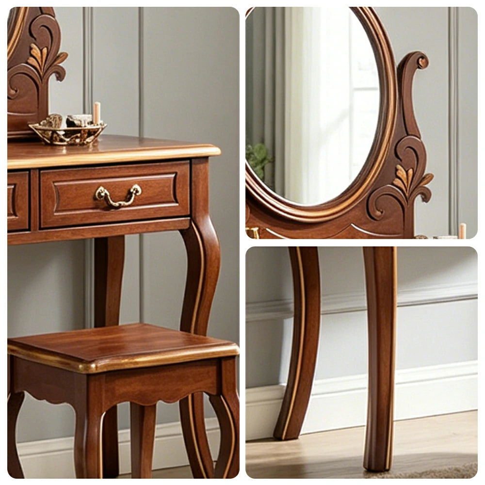 LUXORA Solid Wood Vanity Table Set with Adjustable Mirror and Stool French Style Makeup Desk 100cm - Brown