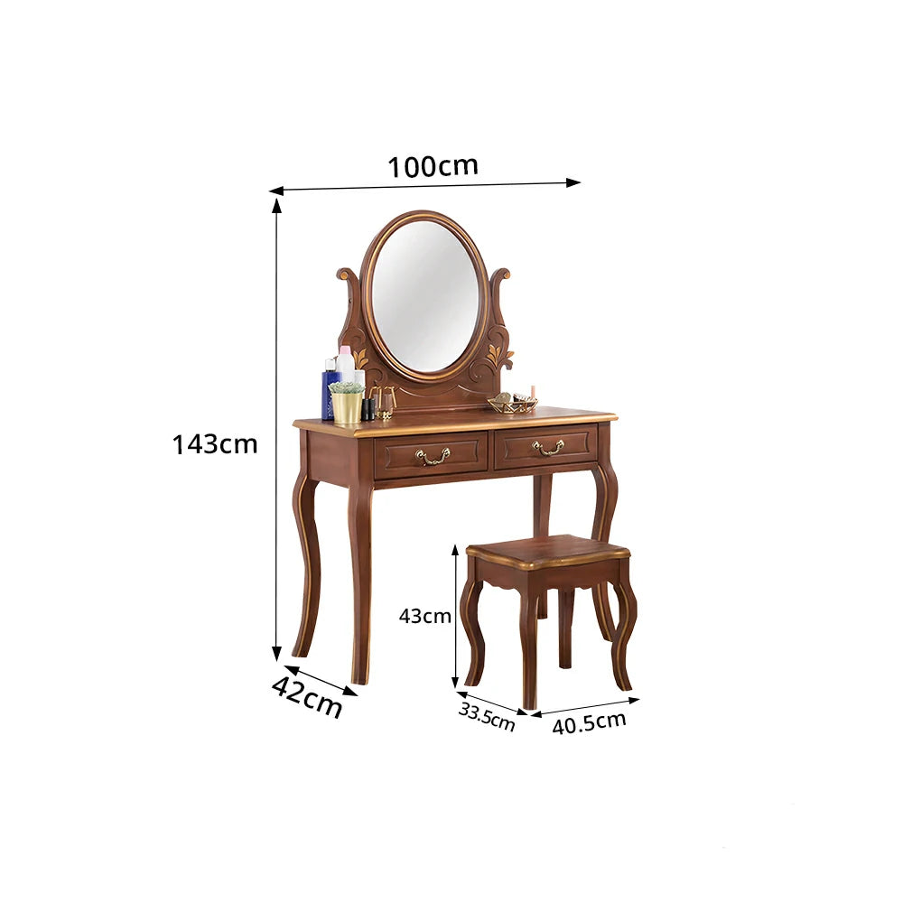 LUXORA Solid Wood Vanity Table Set with Adjustable Mirror and Stool French Style Makeup Desk 100cm - Brown