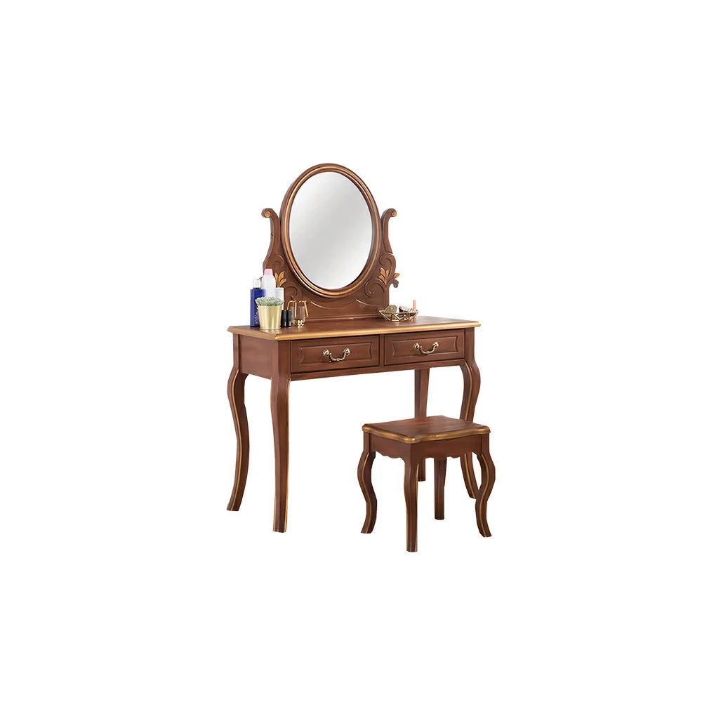 LUXORA Solid Wood Vanity Table Set with Adjustable Mirror and Stool French Style Makeup Desk 100cm - Brown