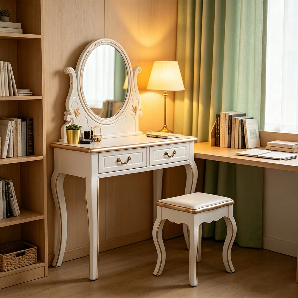 LUXORA Solid Wood Vanity Table Set with Adjustable Mirror and Stool French Style Makeup Desk 100cm - White