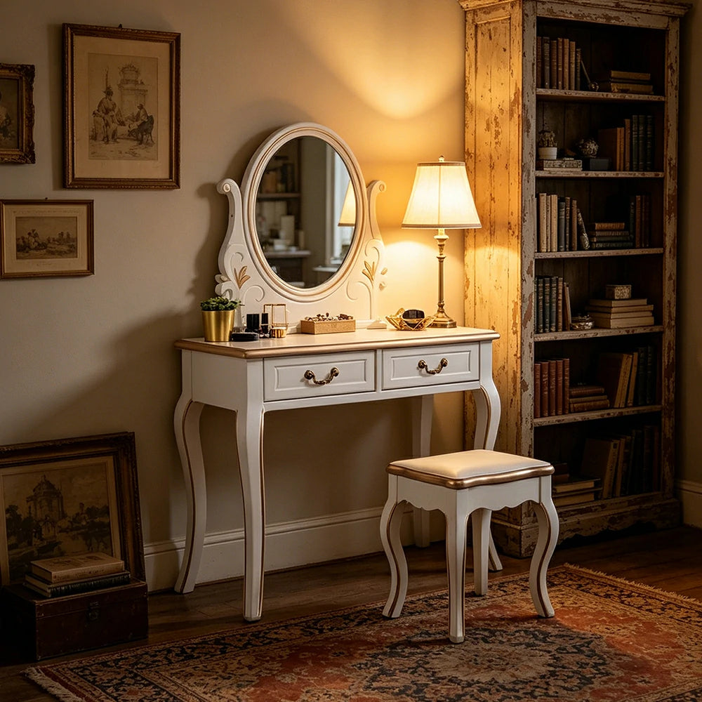 LUXORA Solid Wood Vanity Table Set with Adjustable Mirror and Stool French Style Makeup Desk 100cm - White