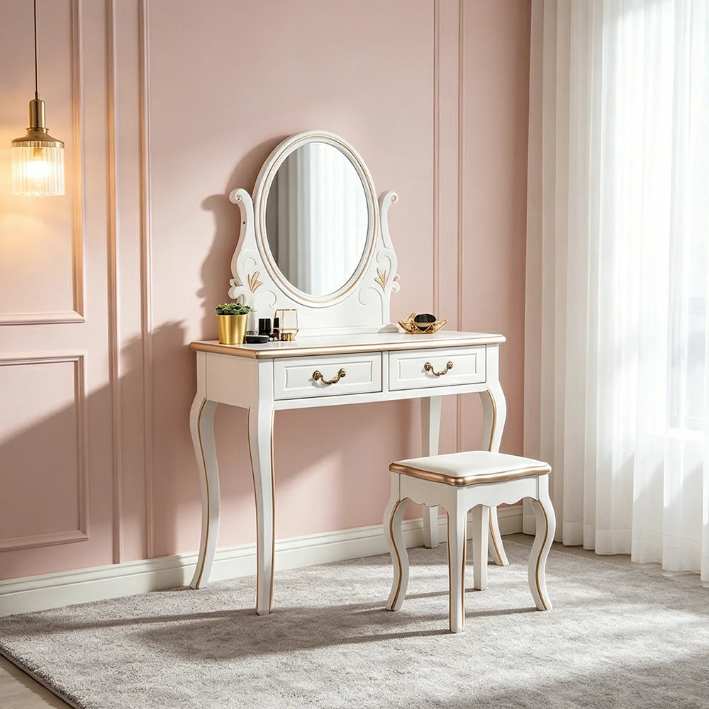 LUXORA Solid Wood Vanity Table Set with Adjustable Mirror and Stool French Style Makeup Desk 100cm - White