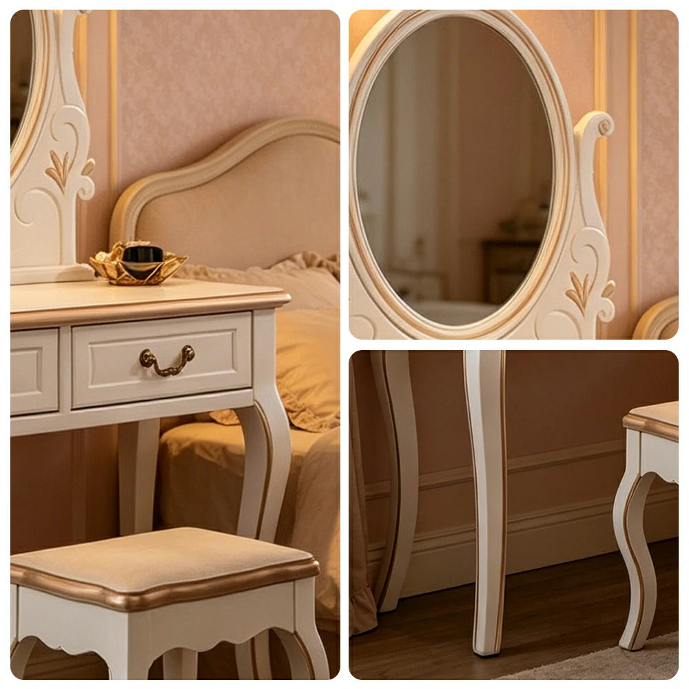 LUXORA Solid Wood Vanity Table Set with Adjustable Mirror and Stool French Style Makeup Desk 100cm - White