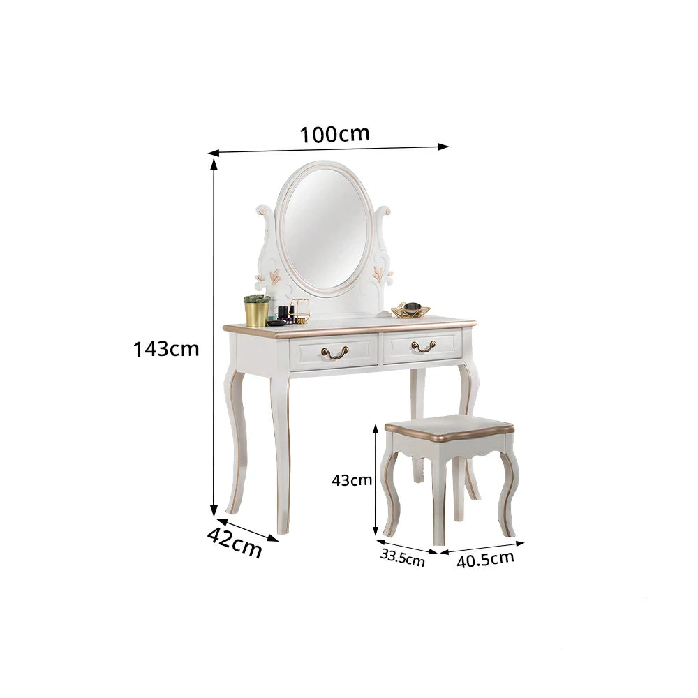 LUXORA Solid Wood Vanity Table Set with Adjustable Mirror and Stool French Style Makeup Desk 100cm - White