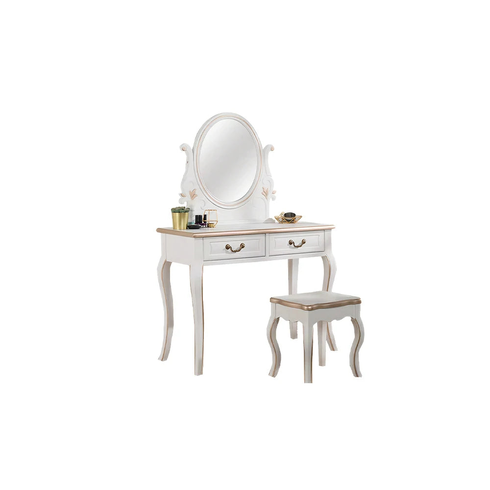 LUXORA Solid Wood Vanity Table Set with Adjustable Mirror and Stool French Style Makeup Desk 100cm - White