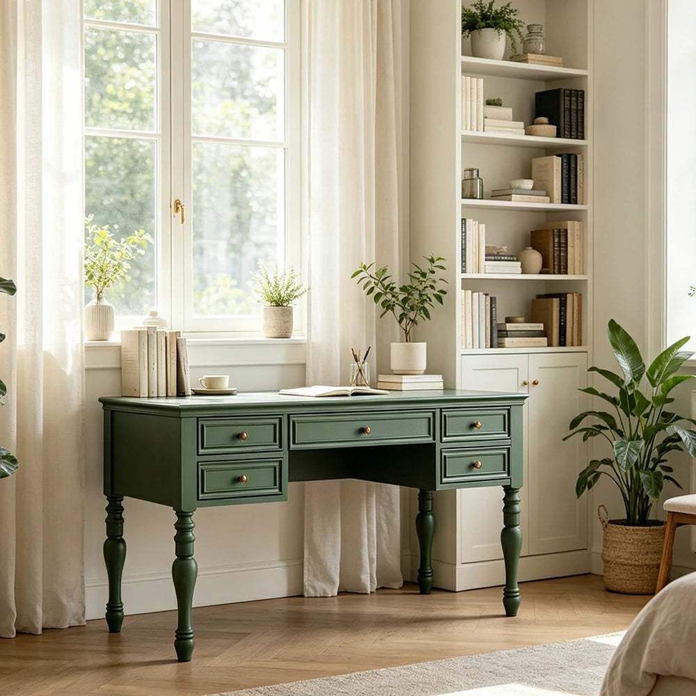 LUXORA Solid Wood Study Desk with 5 Drawers Vintage Home Office Writing Table 120/140cm - Dark Green
