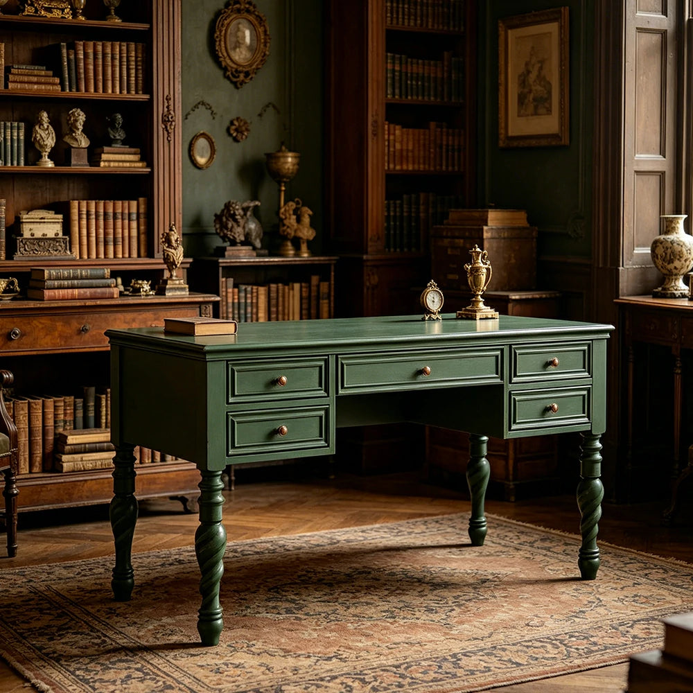 LUXORA Solid Wood Study Desk with 5 Drawers Vintage Home Office Writing Table 120/140cm - Dark Green