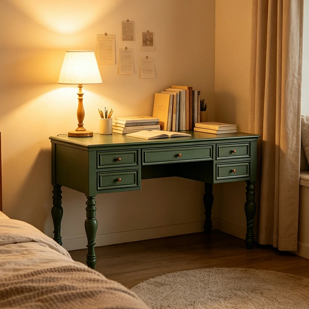 LUXORA Solid Wood Study Desk with 5 Drawers Vintage Home Office Writing Table 120/140cm - Dark Green