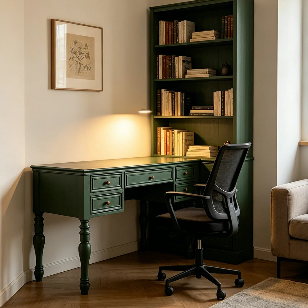 LUXORA Solid Wood Study Desk with 5 Drawers Vintage Home Office Writing Table 120/140cm - Dark Green