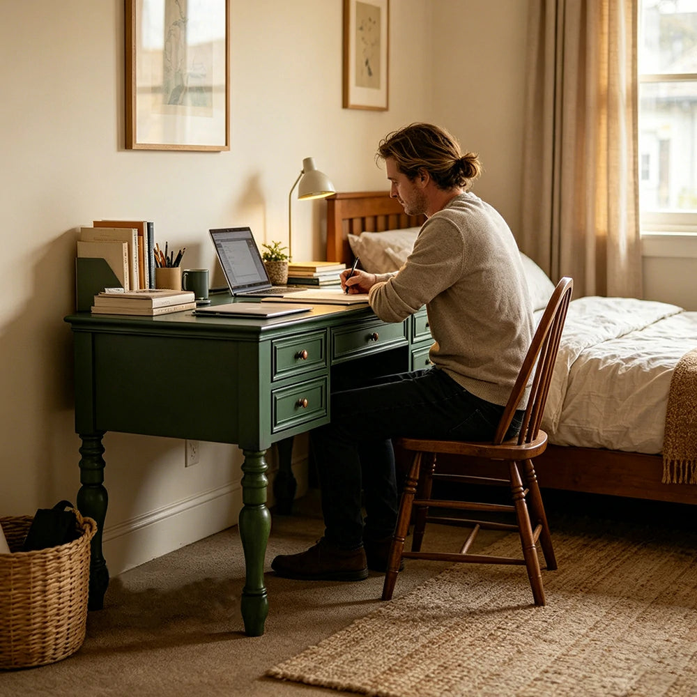 LUXORA Solid Wood Study Desk with 5 Drawers Vintage Home Office Writing Table 120/140cm - Dark Green