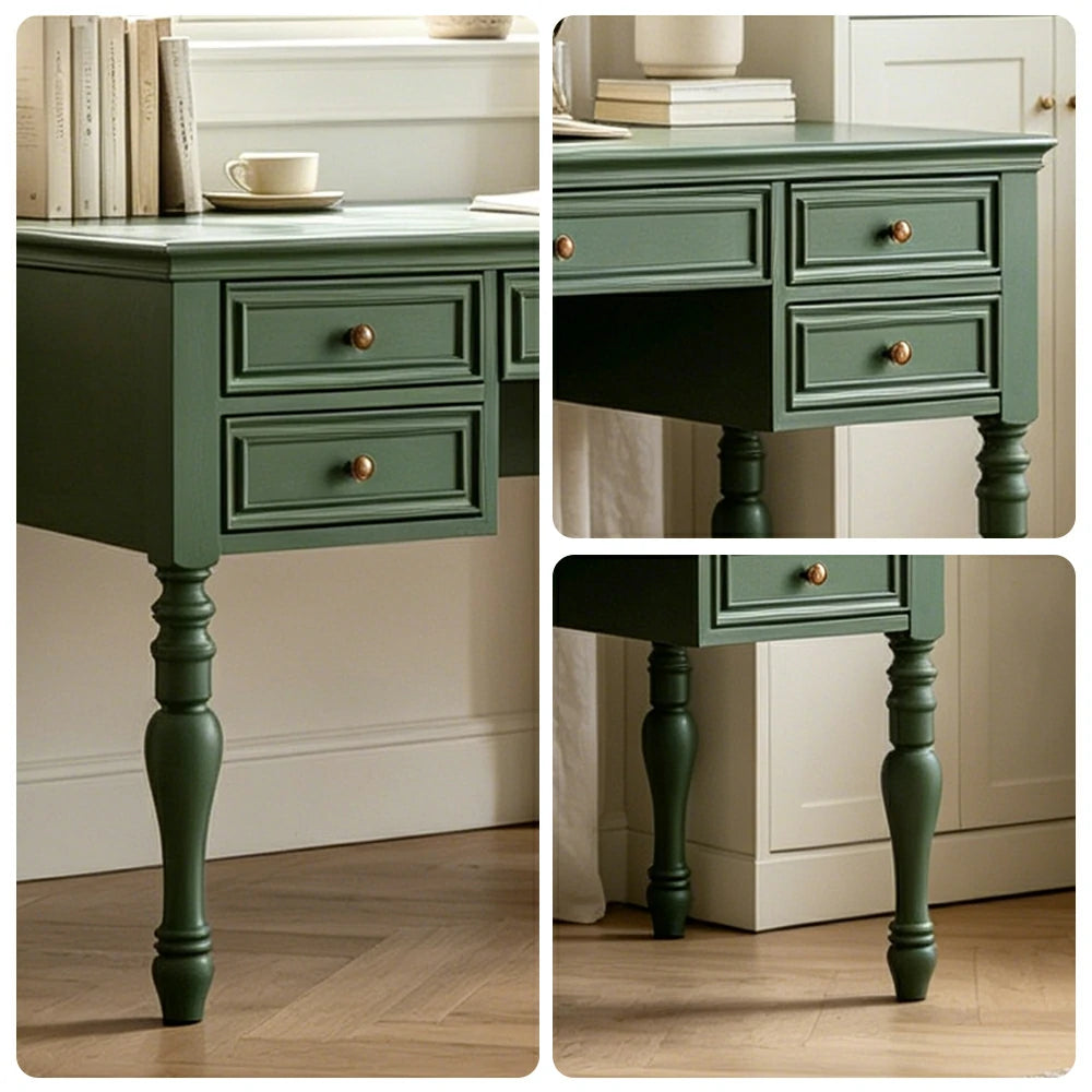 LUXORA Solid Wood Study Desk with 5 Drawers Vintage Home Office Writing Table 120/140cm - Dark Green