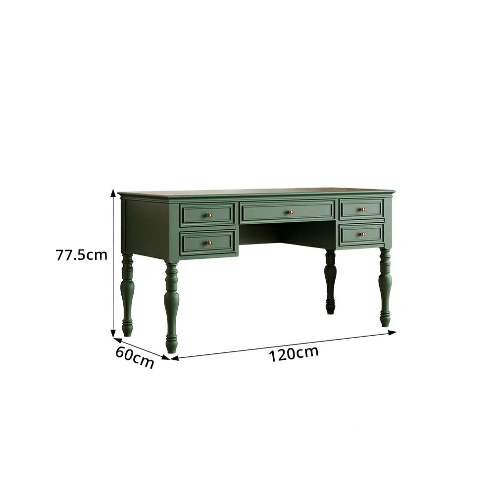 LUXORA Solid Wood Study Desk with 5 Drawers Vintage Home Office Writing Table 120/140cm - Dark Green