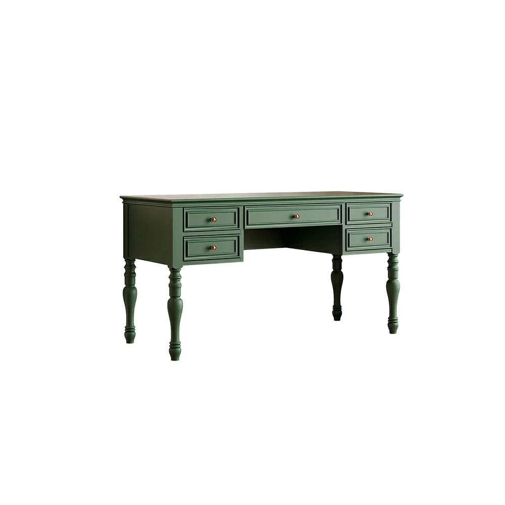 LUXORA Solid Wood Study Desk with 5 Drawers Vintage Home Office Writing Table 120/140cm - Dark Green
