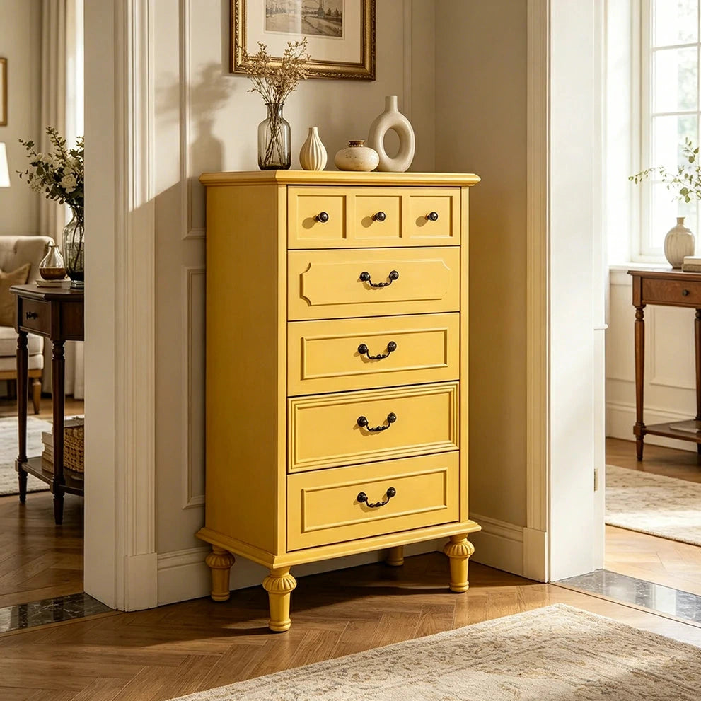 LUXORA Solid Wood Tallboy Chest of Drawers Vintage Storage Cabinet for Bedroom 60cm - Yellow
