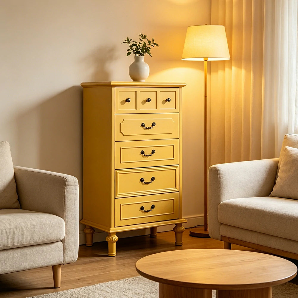 LUXORA Solid Wood Tallboy Chest of Drawers Vintage Storage Cabinet for Bedroom 60cm - Yellow