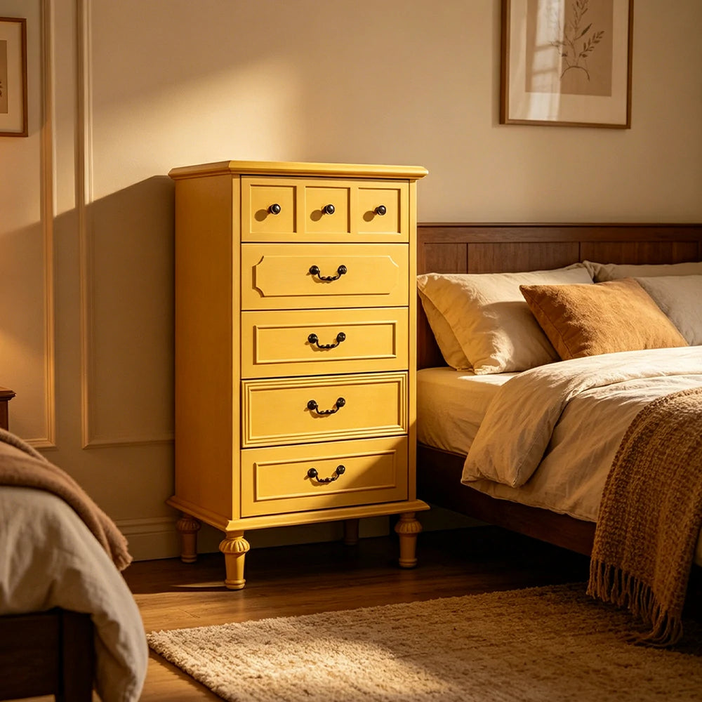 LUXORA Solid Wood Tallboy Chest of Drawers Vintage Storage Cabinet for Bedroom 60cm - Yellow