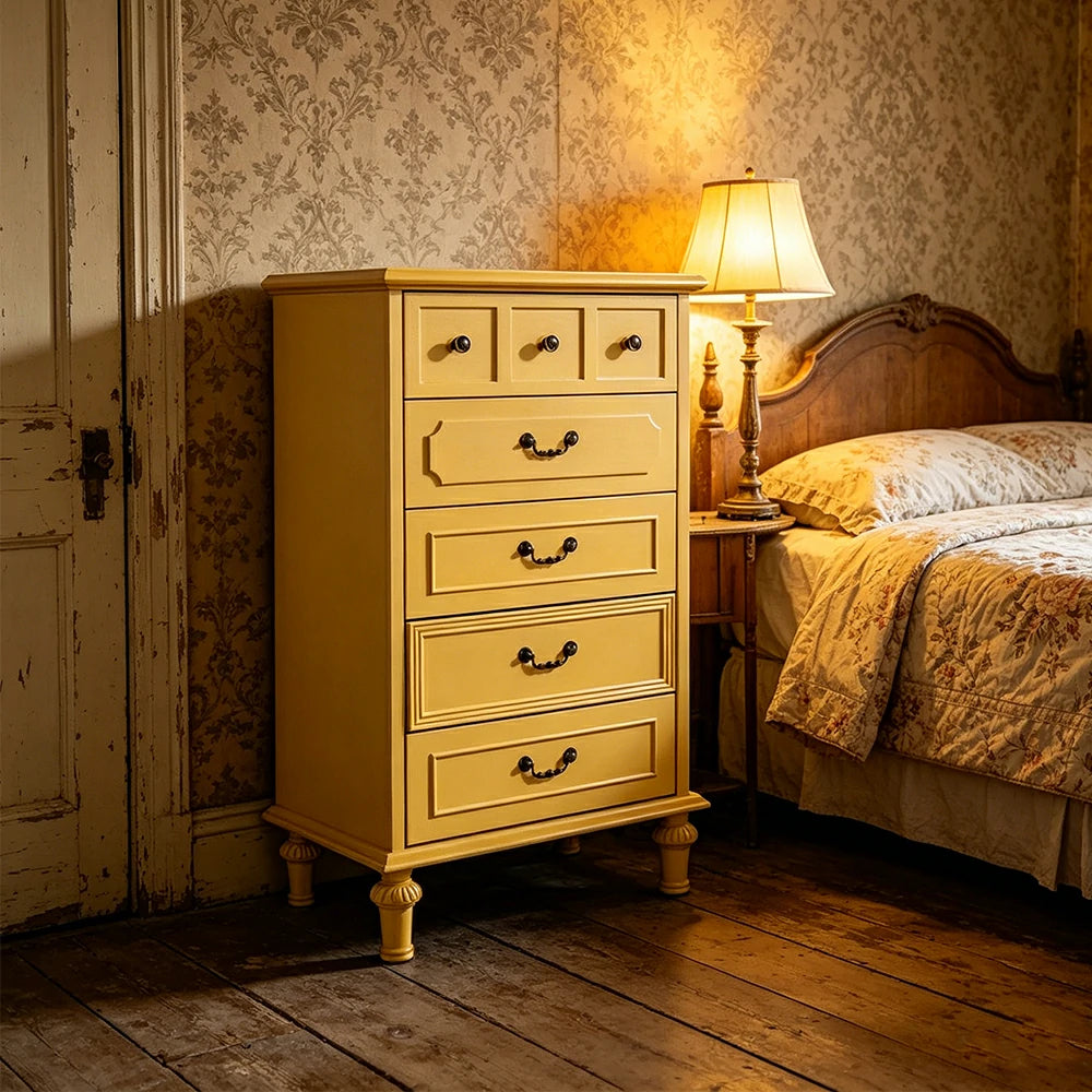 LUXORA Solid Wood Tallboy Chest of Drawers Vintage Storage Cabinet for Bedroom 60cm - Yellow