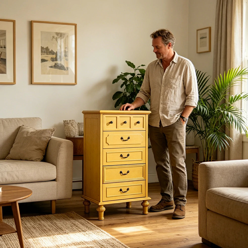 LUXORA Solid Wood Tallboy Chest of Drawers Vintage Storage Cabinet for Bedroom 60cm - Yellow