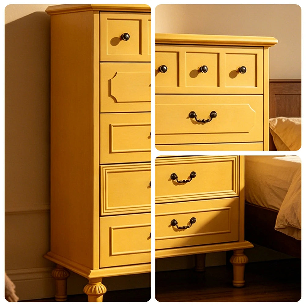 LUXORA Solid Wood Tallboy Chest of Drawers Vintage Storage Cabinet for Bedroom 60cm - Yellow