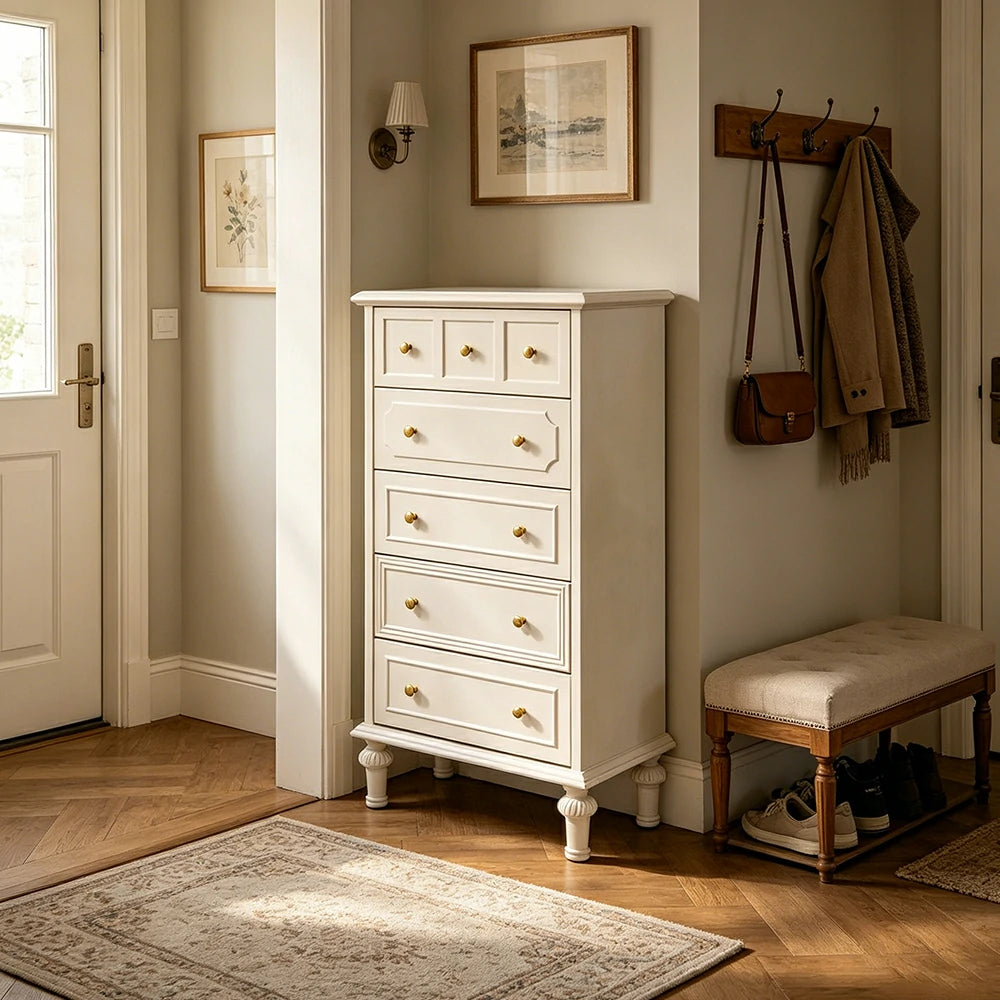 LUXORA Solid Wood Tallboy Chest of Drawers Vintage Storage Cabinet for Bedroom 60cm - Beige