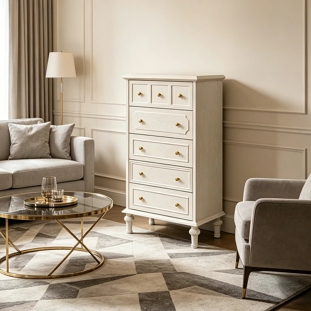 LUXORA Solid Wood Tallboy Chest of Drawers Vintage Storage Cabinet for Bedroom 60cm - Beige