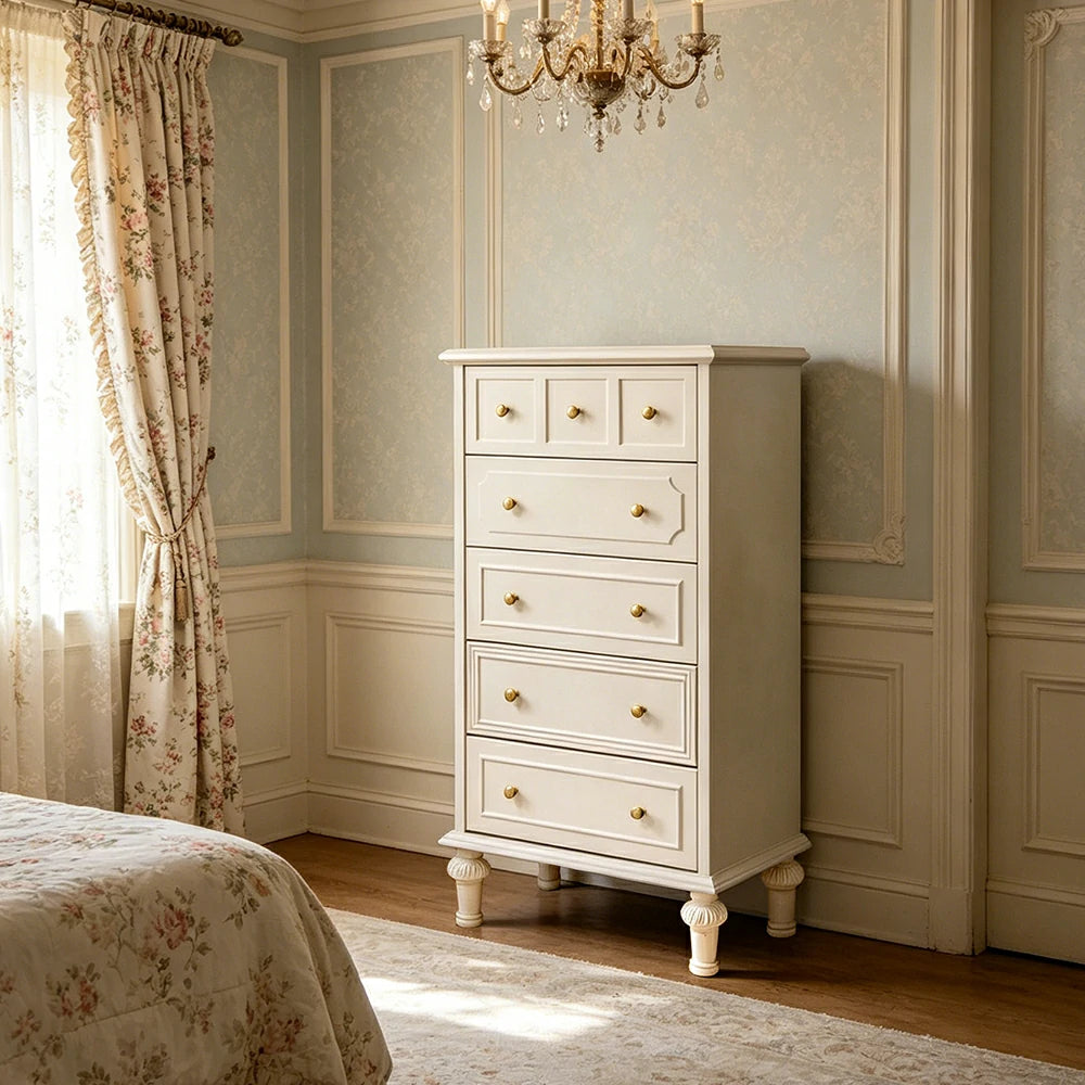 LUXORA Solid Wood Tallboy Chest of Drawers Vintage Storage Cabinet for Bedroom 60cm - Beige