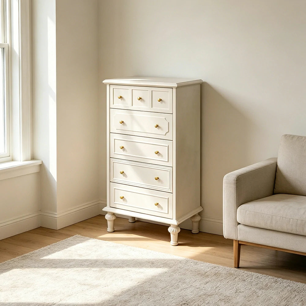 LUXORA Solid Wood Tallboy Chest of Drawers Vintage Storage Cabinet for Bedroom 60cm - Beige