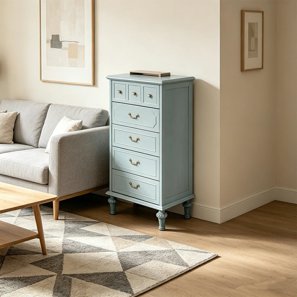 LUXORA Solid Wood Tallboy Chest of Drawers Vintage Storage Cabinet for Bedroom 60cm - Blue