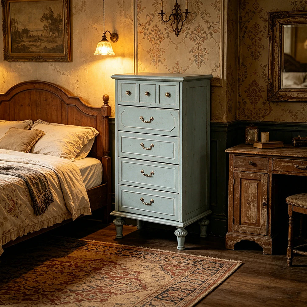 LUXORA Solid Wood Tallboy Chest of Drawers Vintage Storage Cabinet for Bedroom 60cm - Blue