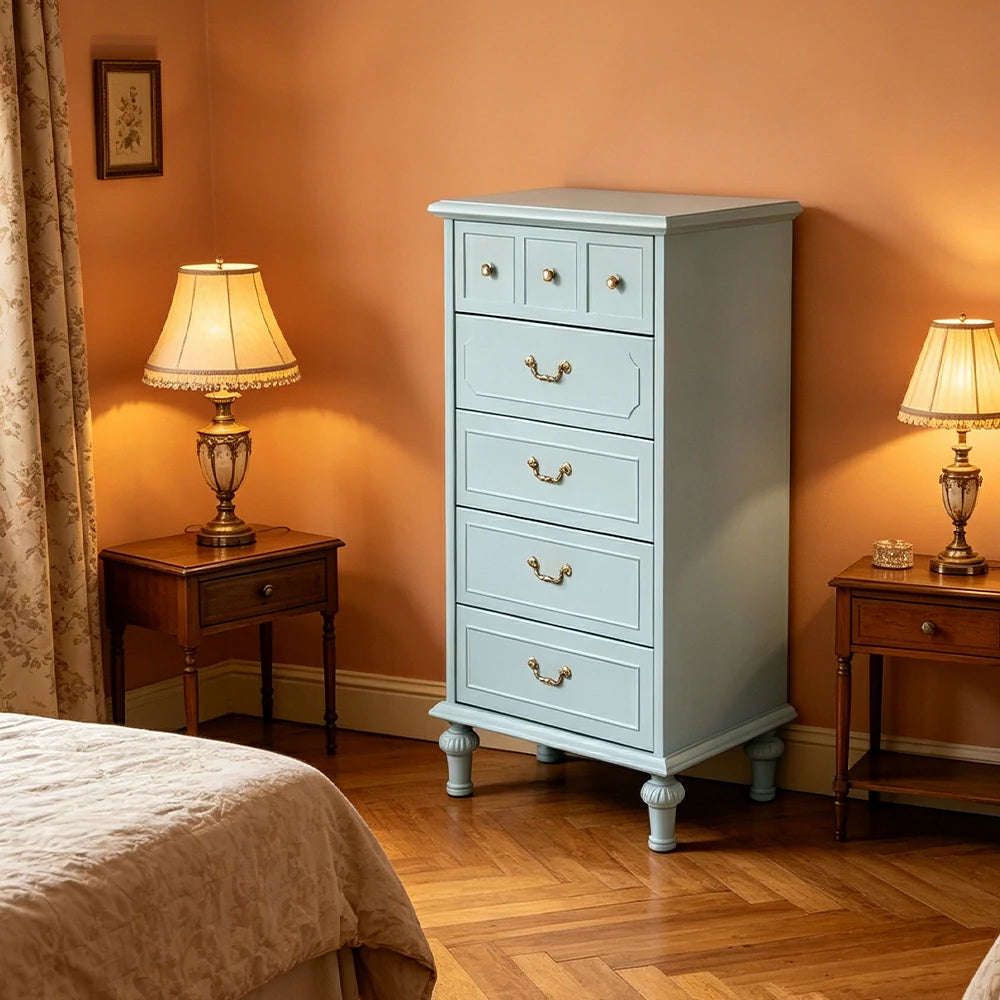 LUXORA Solid Wood Tallboy Chest of Drawers Vintage Storage Cabinet for Bedroom 60cm - Blue