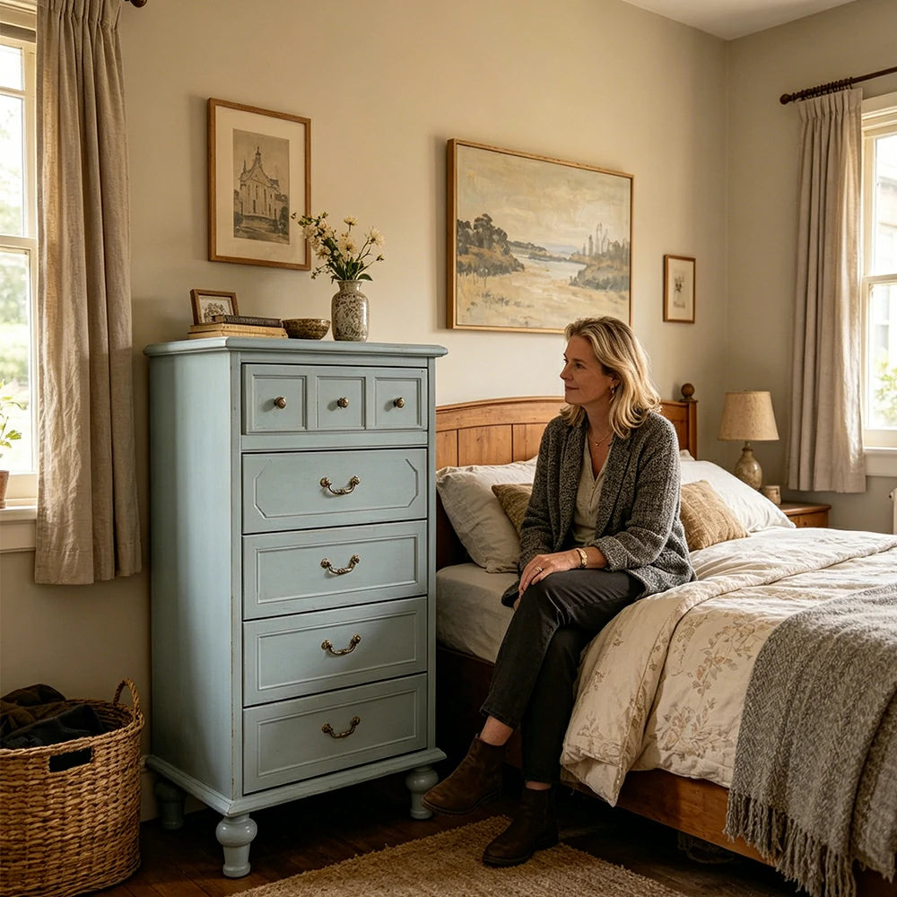 LUXORA Solid Wood Tallboy Chest of Drawers Vintage Storage Cabinet for Bedroom 60cm - Blue