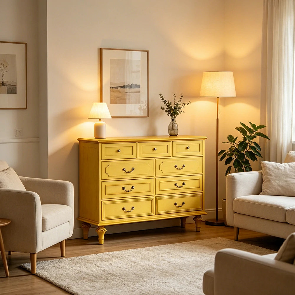 LUXORA Solid Wood 9 Drawer Dresser Vintage Storage Cabinet for Bedroom Living Room 120cm - Mustard Yellow