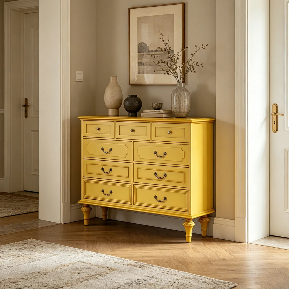 LUXORA Solid Wood 9 Drawer Dresser Vintage Storage Cabinet for Bedroom Living Room 120cm - Mustard Yellow