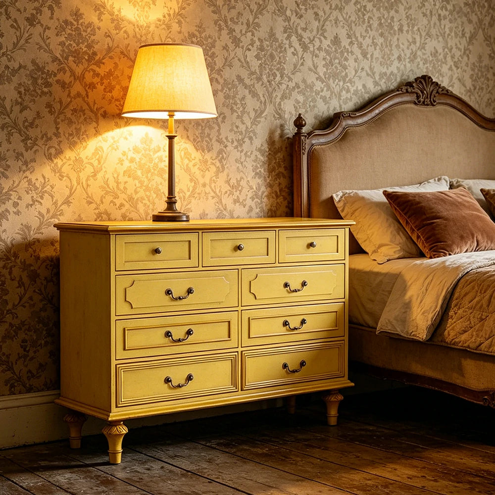 LUXORA Solid Wood 9 Drawer Dresser Vintage Storage Cabinet for Bedroom Living Room 120cm - Mustard Yellow
