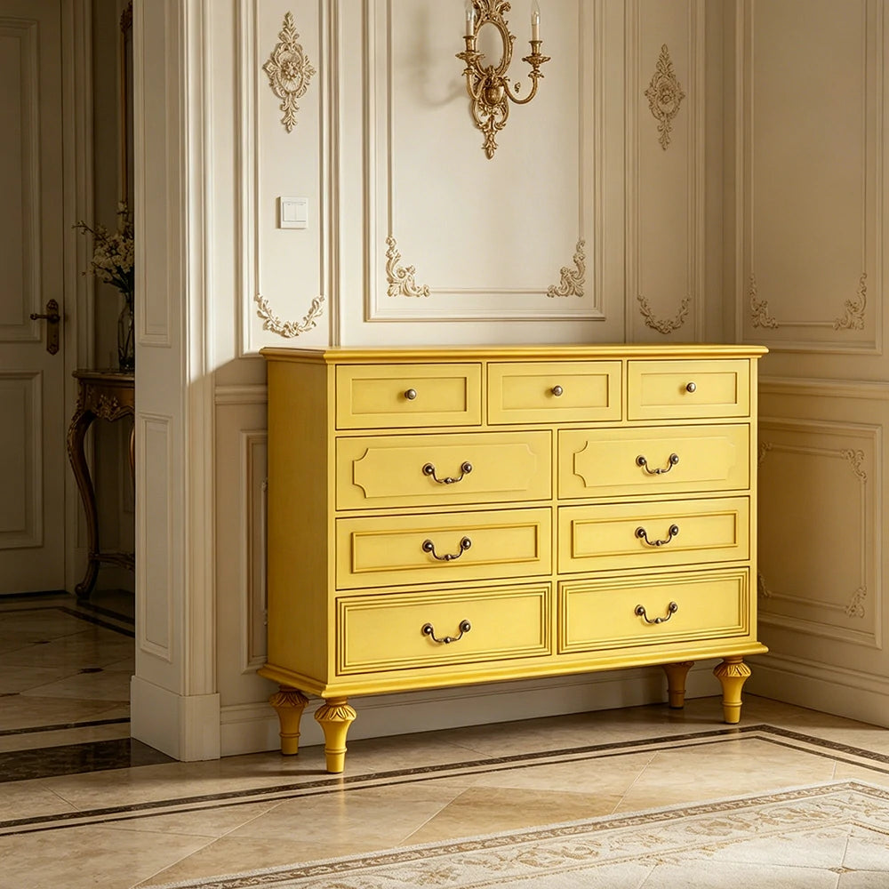 LUXORA Solid Wood 9 Drawer Dresser Vintage Storage Cabinet for Bedroom Living Room 120cm - Mustard Yellow