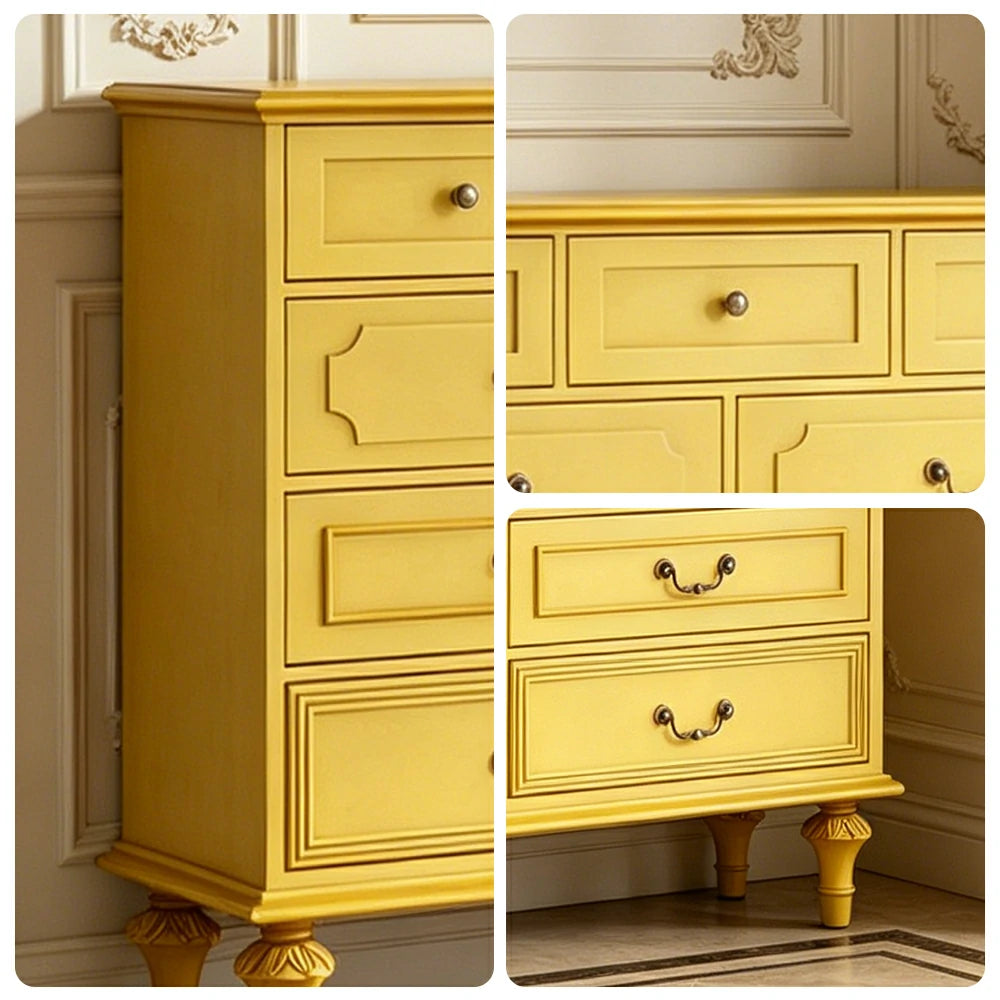 LUXORA Solid Wood 9 Drawer Dresser Vintage Storage Cabinet for Bedroom Living Room 120cm - Mustard Yellow