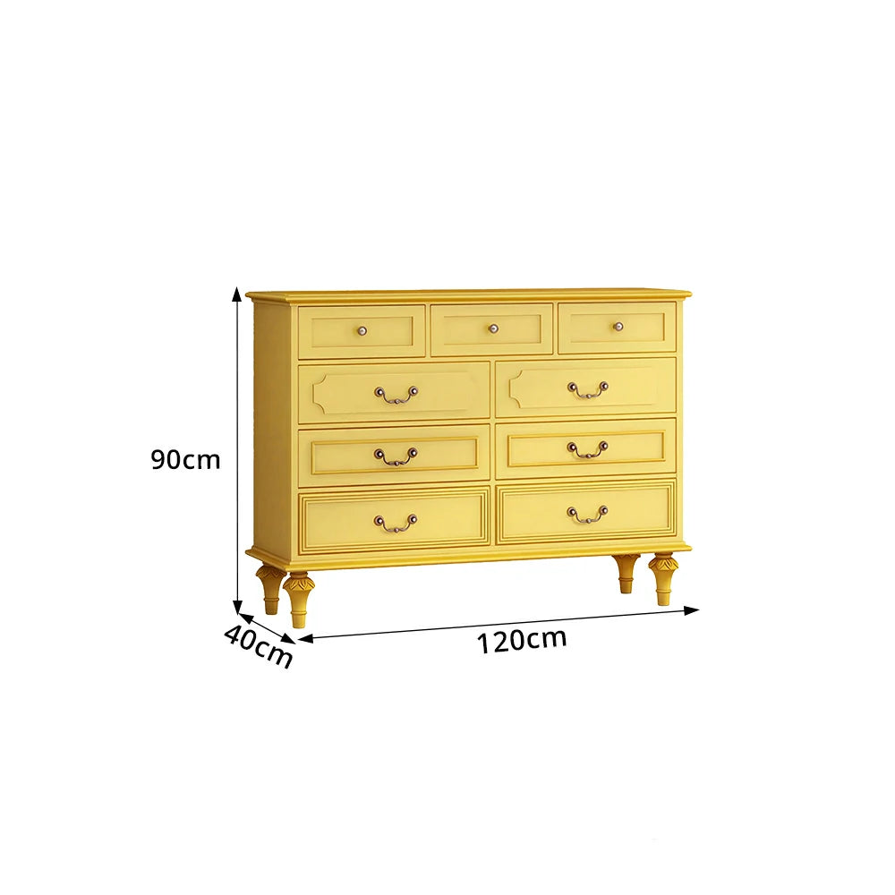 LUXORA Solid Wood 9 Drawer Dresser Vintage Storage Cabinet for Bedroom Living Room 120cm - Mustard Yellow