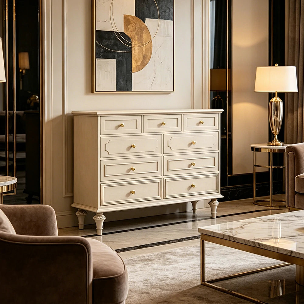 LUXORA Solid Wood 9 Drawer Dresser Vintage Storage Cabinet for Bedroom Living Room 120cm - Beige